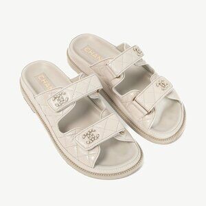 Chanel Light-Grey Lambskin Quilted CC Chain Velcro Dad Sandals